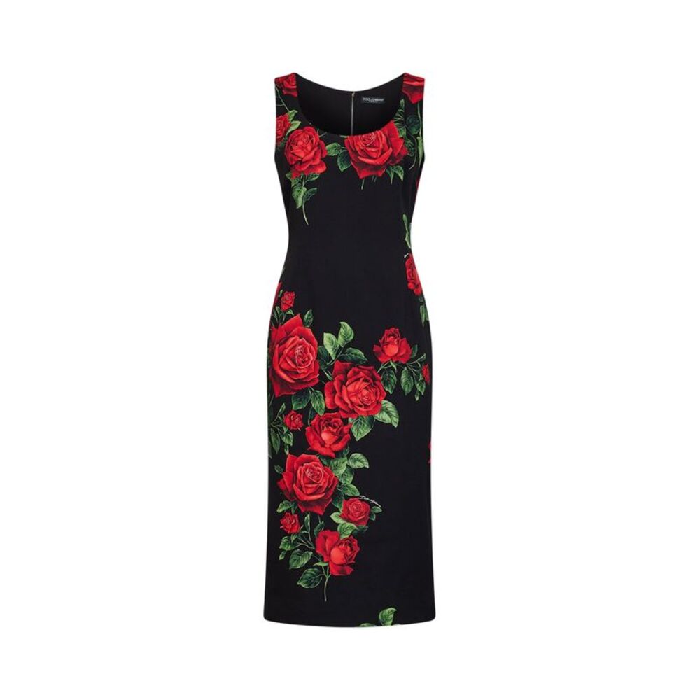 Dolce & Gabbana Women Black Rose-Print Stretch Charmeuse Midi Sheath Dress